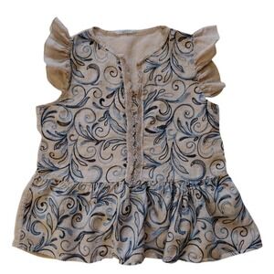 Viola Borghi Top Women's XL Tan Blue‎ 100% Linen Embroidered Boho Peasant Ruffle